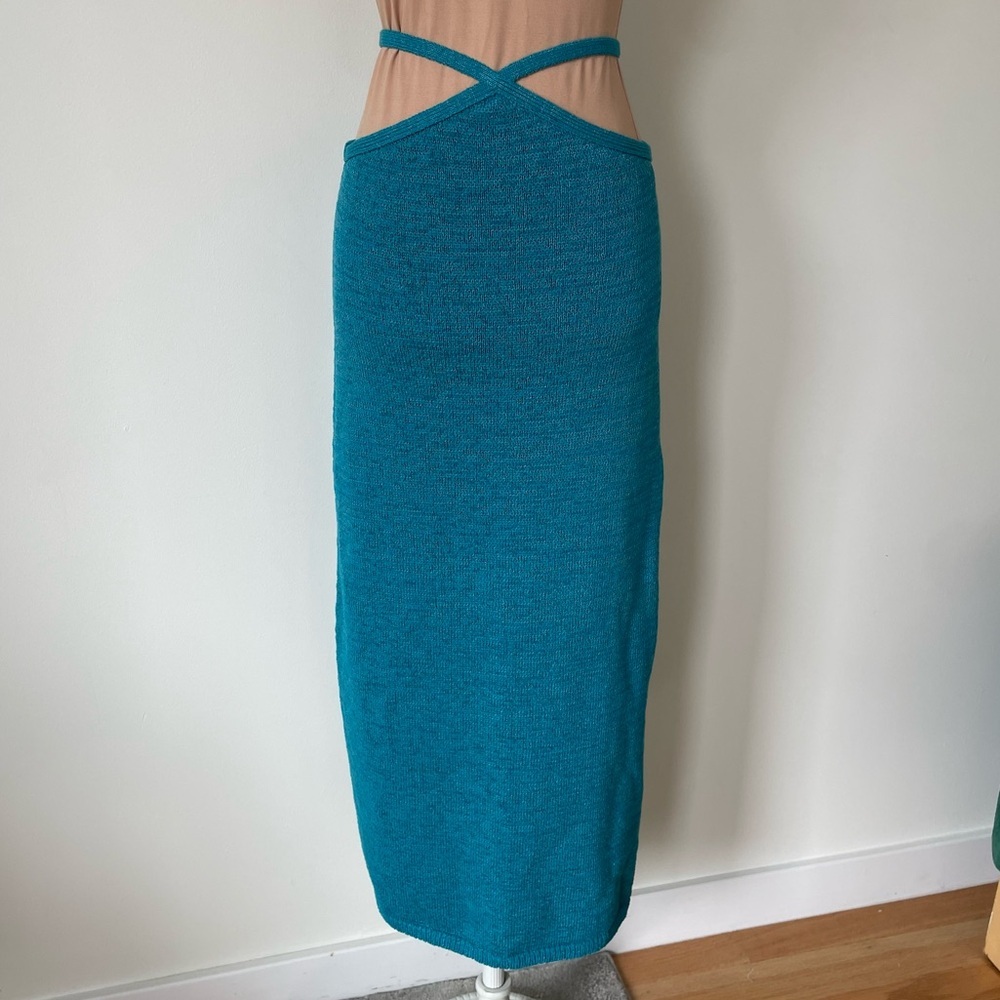 Cult Gaia Hedda Cyan Blue Stretch Knit Diamond Tie Cut Out Midi Skirt EUC Size S - Picture 5 of 12